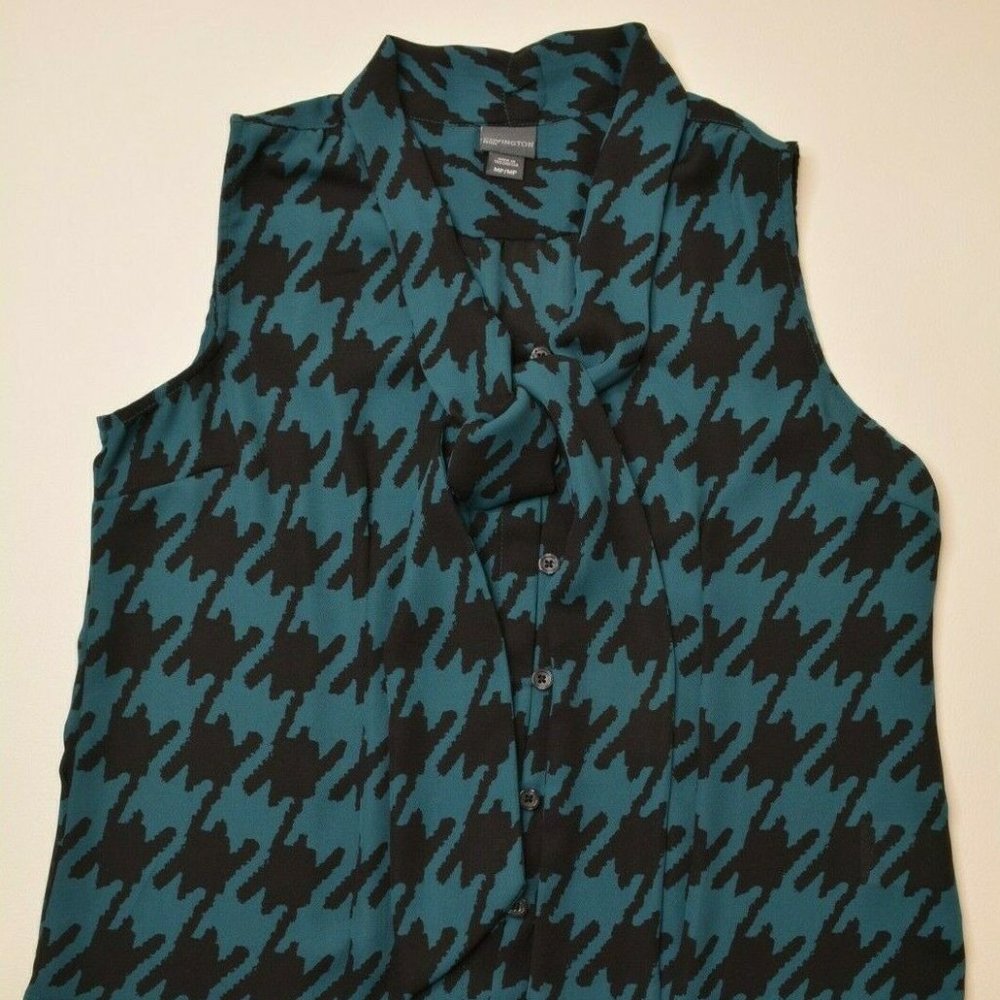 Covington Size M PETITE Womens GREEN HOUNDSTOOTH Jabot TIE‎ Neck SLEEVELESS Top